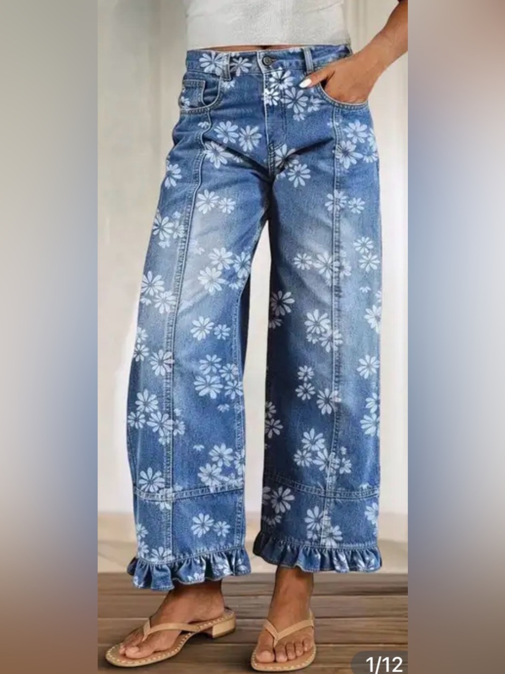 Flamingals Floral Pattern Ruffle Hem Detail Mid Waist Wide Leg Crop Jeans
